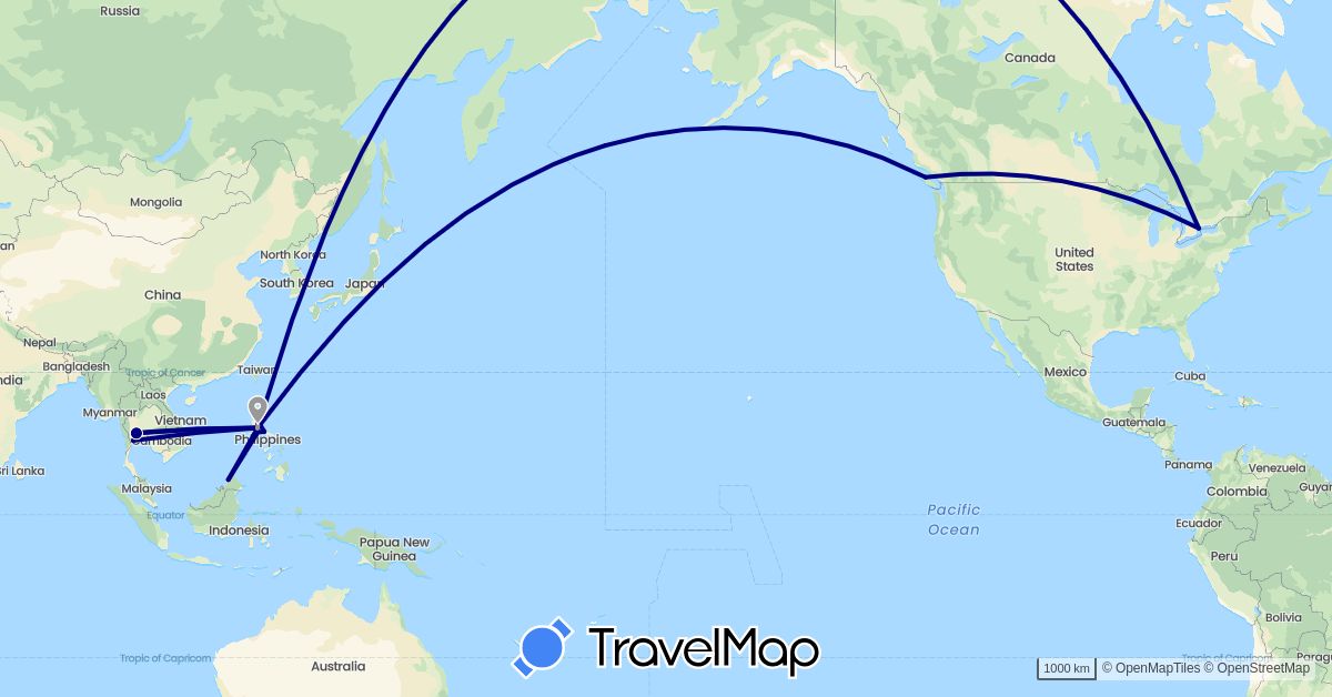 TravelMap itinerary: driving, plane in Canada, Malaysia, Philippines, Thailand (Asia, North America)